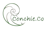 Logo Conchie.co with nautilus shell in green font